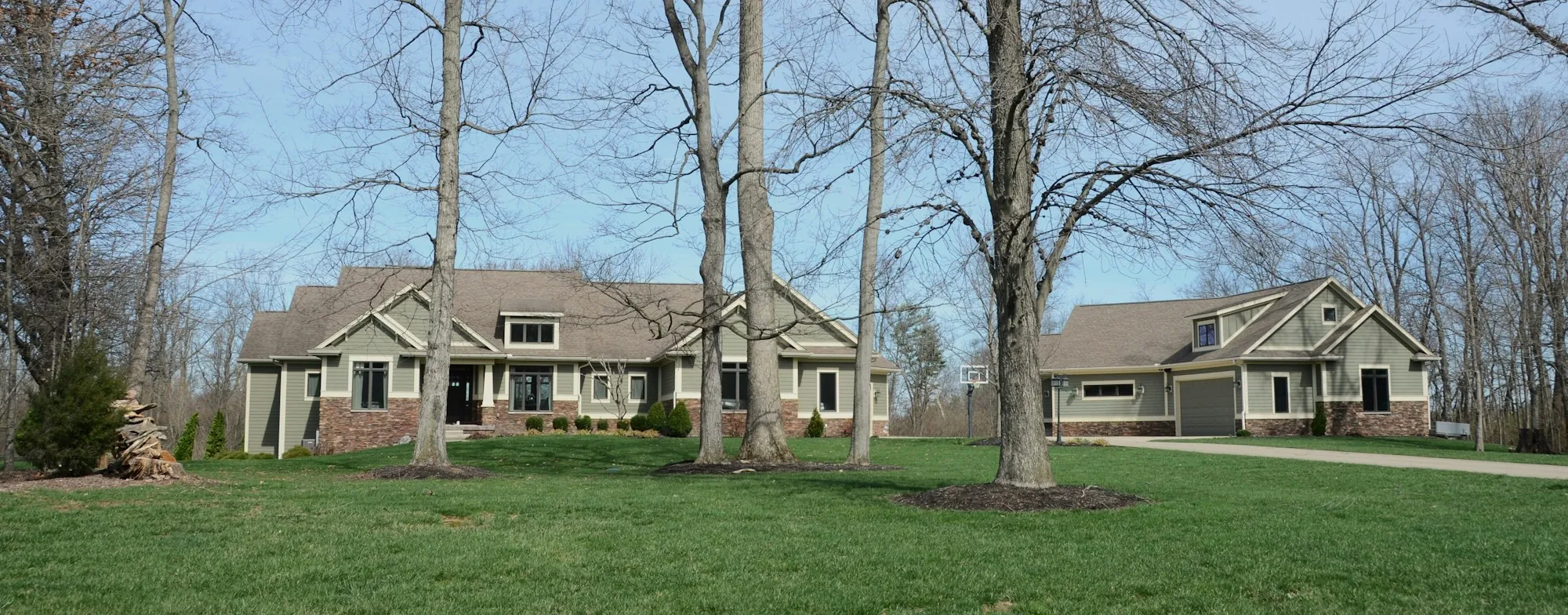 Front lawn and exterior of a family home among trees